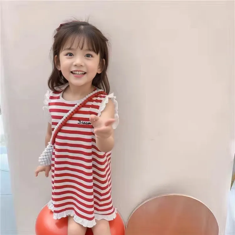 新款女童无袖背心裙韩版女宝条纹公主裙洋气连衣裙小女孩睡裙夏款