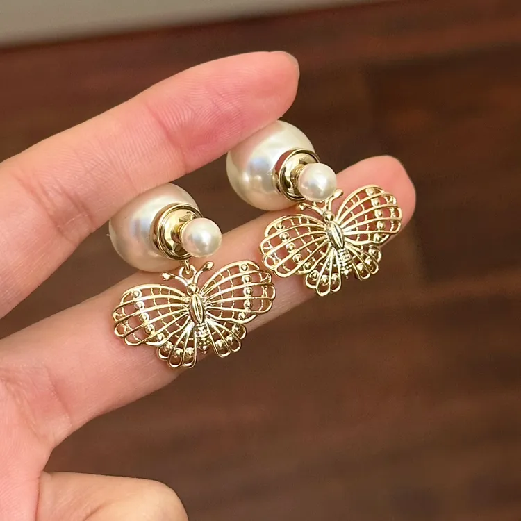 铜合金仿珍珠耳饰 轻奢E0012时尚气质韦雪同款百搭蝴蝶耳环