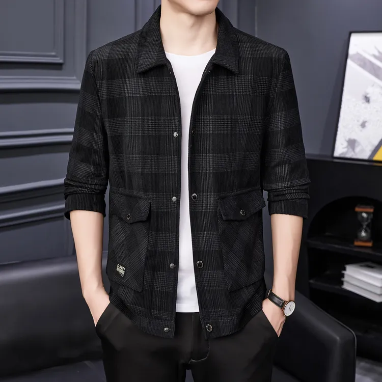 2026年秋冬新款男士商务休闲厚款夹克 青年翻领韩版修身格子外套