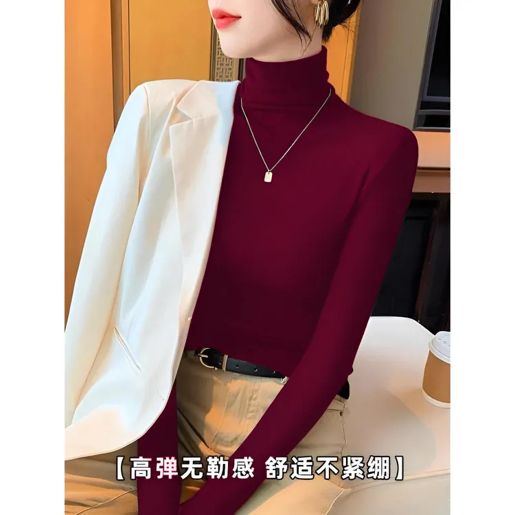 法式高领内搭安可拉红打底衫女秋冬搭配大衣显瘦堆堆领针织衫毛衣