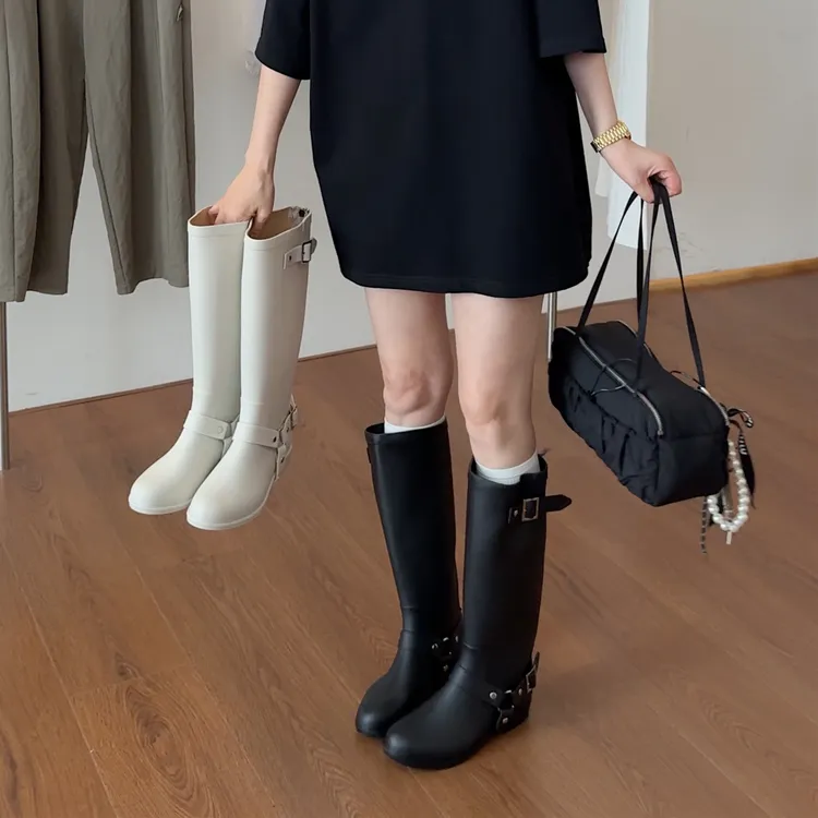 widelia雨靴1819大筒围高筒靴Miu系显瘦显腿直长筒靴女黑色骑士靴