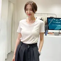 wideliaU领正肩短袖T显锁骨7309打底衫女纯色显瘦柔软舒适螺纹T恤