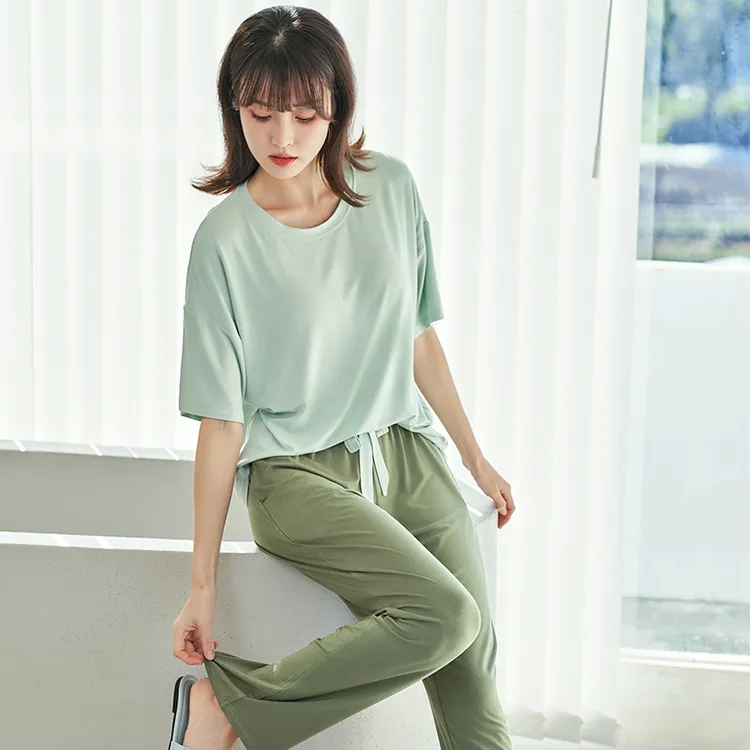 春夏季莫代尔睡衣女弹力短袖长裤纯色冰爽清凉女士家居服套装韩版