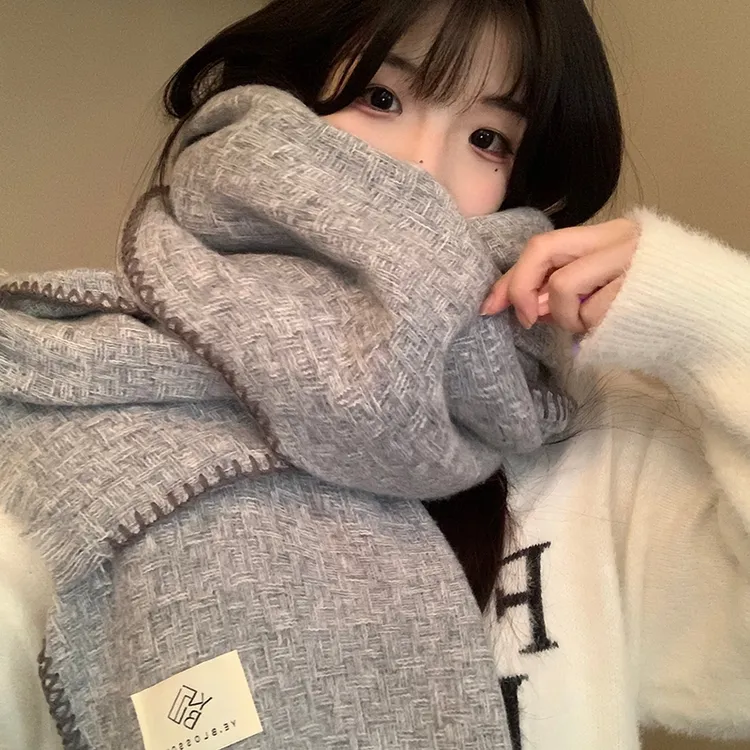 秋冬韩版仿羊绒布标围巾女2024新款保暖加厚柔软亲肤百搭围脖披肩