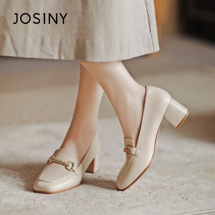 卓诗尼乐福鞋女2025春季时尚百搭舒适方头中口中跟粗跟软底跟鞋女