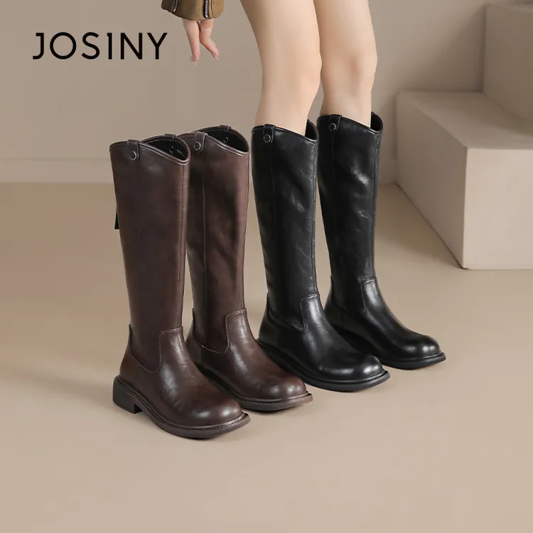 卓诗尼圆头粗跟不过膝长筒靴女2025冬季新款休闲百搭软底时装靴