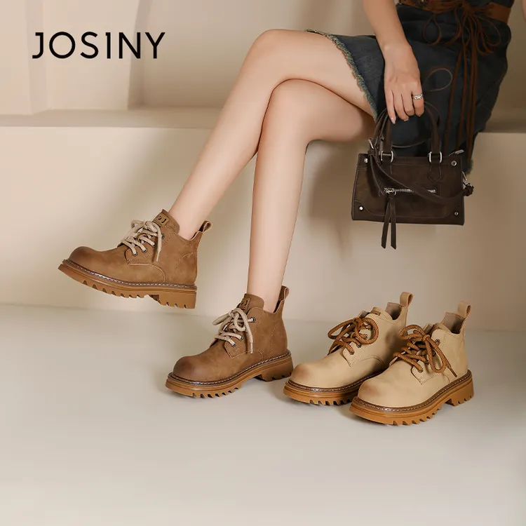 卓诗尼擦色系带马丁靴2025冬季新款女士外出休闲时尚百搭增高靴子