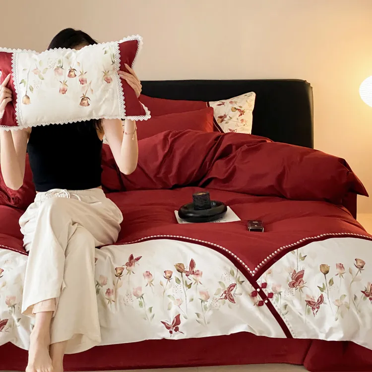 浪漫婚庆100S长绒棉四件套少女心花卉刺绣全棉被套结婚床上用品