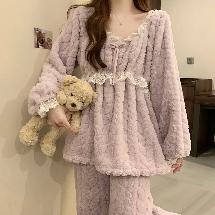 公主风珊瑚绒睡衣女款秋冬季加绒加厚冬天高级感法兰绒家居服套装