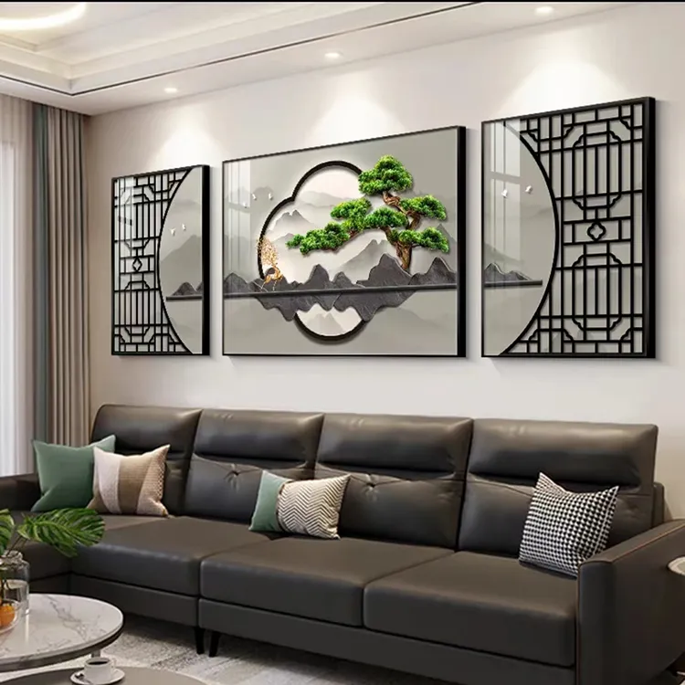 高级感简约装饰画现代中式迎客松沙发背景三联画大气书房福鹿挂画