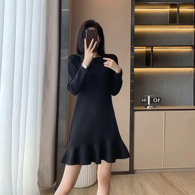 女款秋冬打底小香风气质圆领韩版时尚针织鱼尾裙荷叶边修身毛