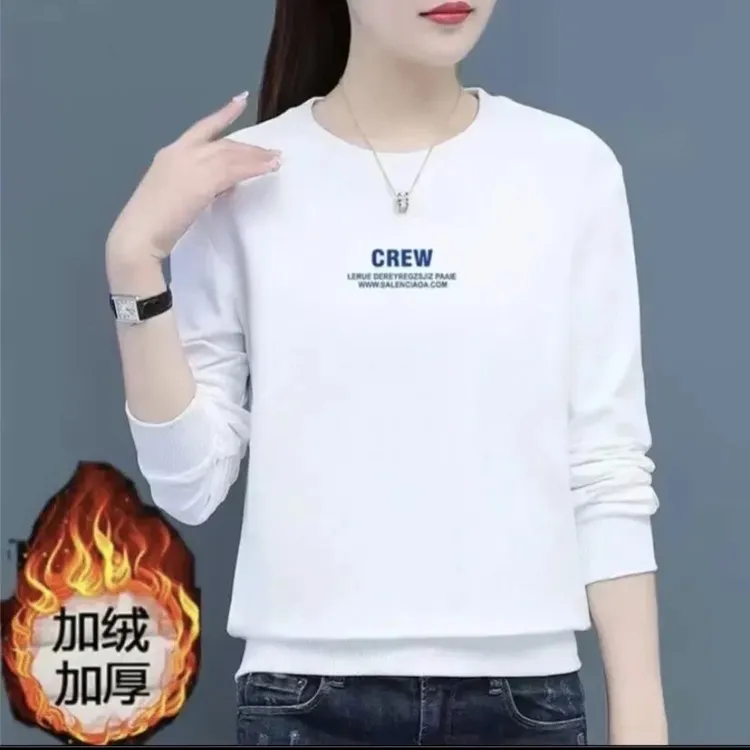 华棉新款加绒女款卫衣宽松圆领休闲长袖百搭字母短款印花上衣CREW