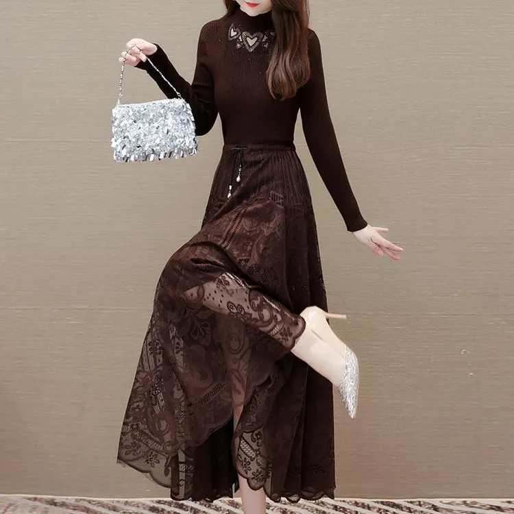 系带蕾丝长裙2025新款秋冬装女高级感毛中式印花长款收腰连衣裙