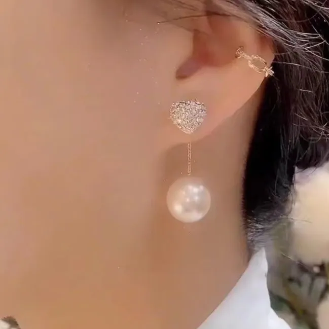 妙链 铜合金仿珍珠耳饰  一心有你一款两戴爱心镶钻耳钉164白色