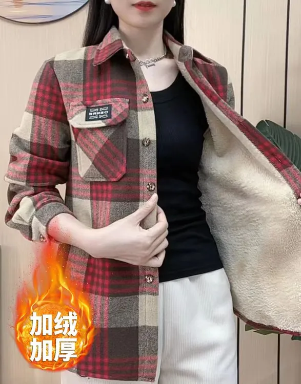 工厂直销 加绒加厚格子衬衫秋冬宽松大码格子衬衫女外套中长款潮