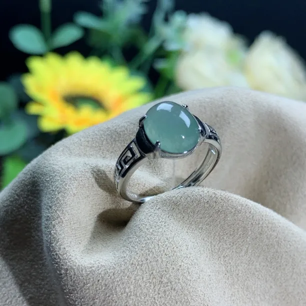 天然翡翠A货S925银冰种蓝水蛋面戒指开口戒同款随机多样性发货