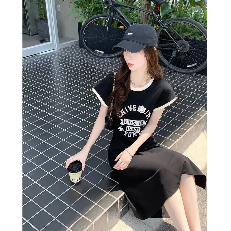 夏季欧货字母印花显瘦气质时尚开叉韩版中长款针织冰丝收腰连衣裙