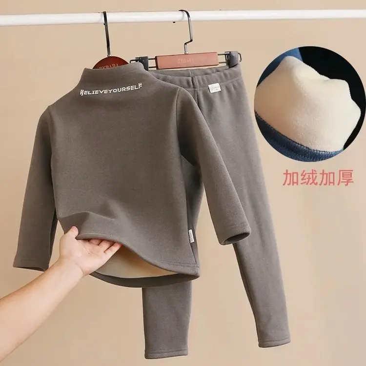 超柔宝宝绒加绒加厚儿童保暖高领打底衫秋冬款男女中大童套装衣服