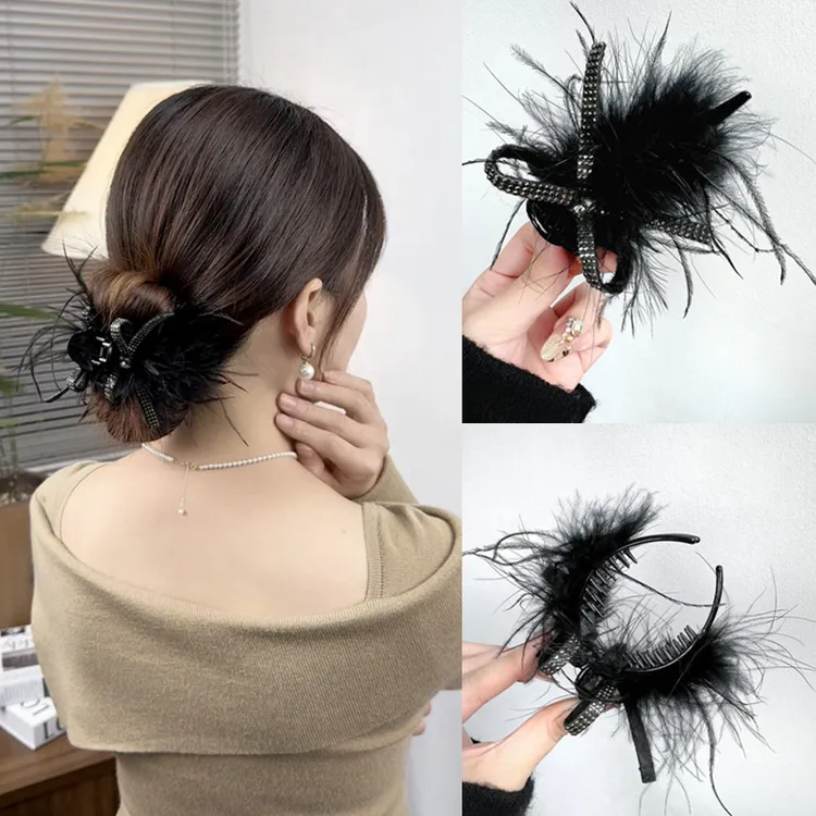 高级感黑色羽毛抓夹高马尾丸子头盘姨鲨鱼夹子显发量气质发卡发夹