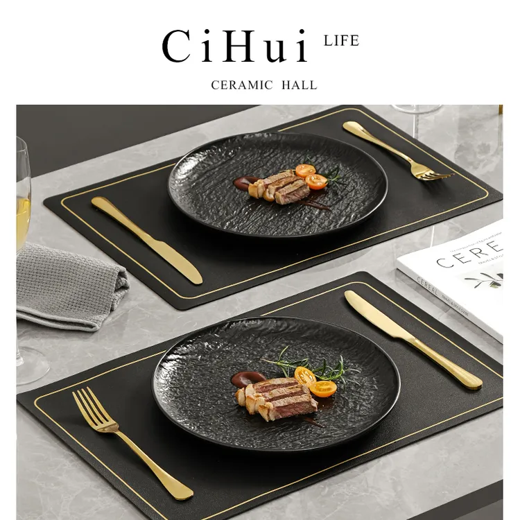 陶瓷西餐盘牛排盘带刀叉餐垫仪式感高颜值纯黑色釉下彩高级感简约