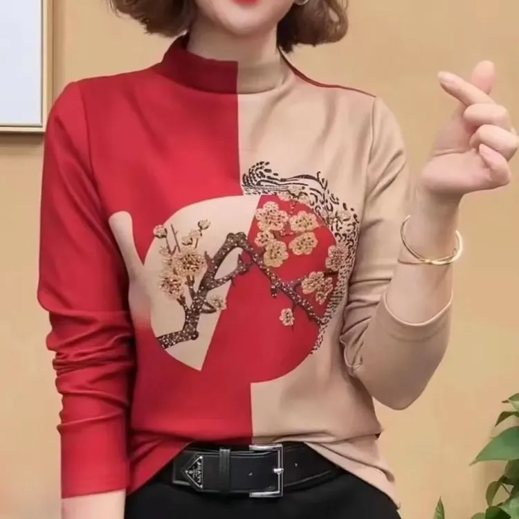 2024国风加绒保暖特色梅花双色双面绒显瘦洋气百搭设计小众打底衫