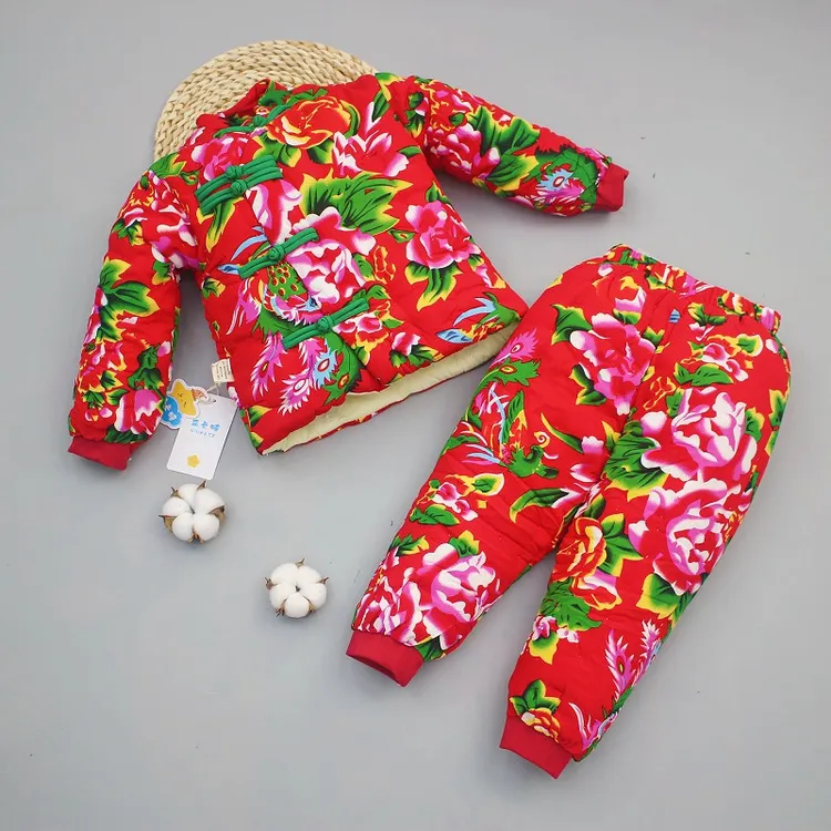 宝宝手工棉花棉衣东北大花平腰分体套装男女儿童棉袄棉裤冬季加厚