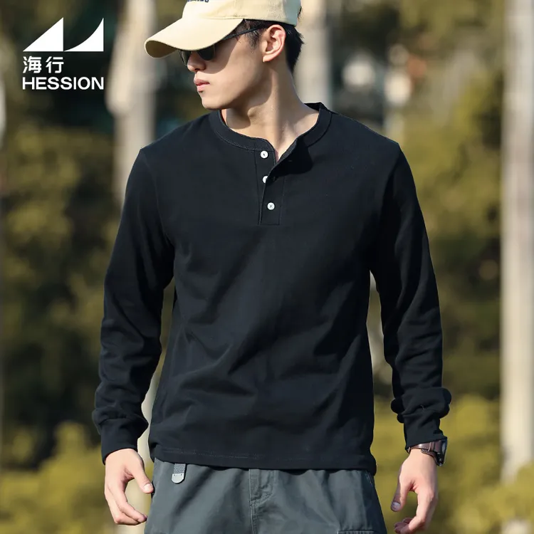 280g纯棉纯色长袖亨利衫男 2025秋冬新款户外美式复古内搭打底t恤