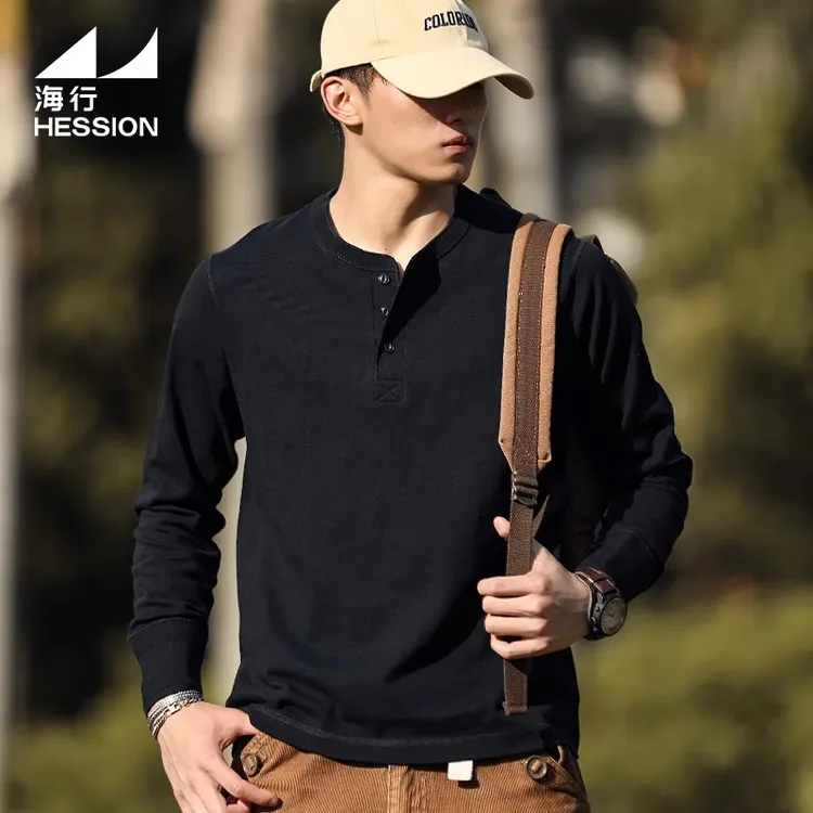 男士纯棉黑色亨利休闲打底衫春秋纯色户外运动美式复古长袖t恤