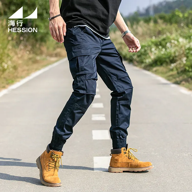海行加绒保暖户外多口袋弹力工装裤男束脚登山徒步修身美式休闲裤