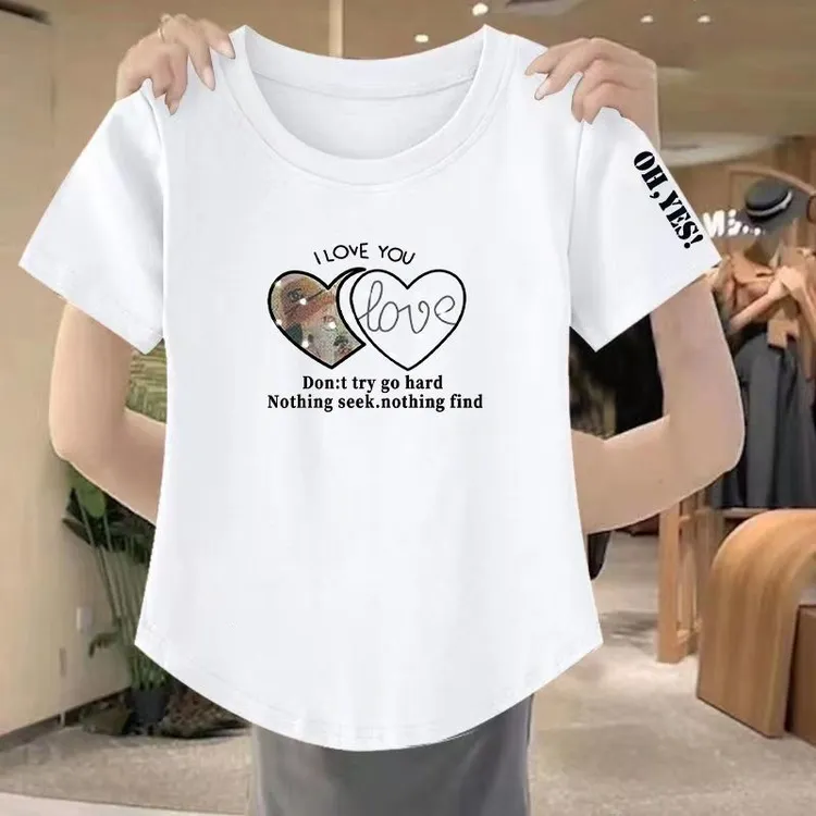 白色短袖女夏新款宽松简约休闲上衣圆领印花百搭显T恤女潮