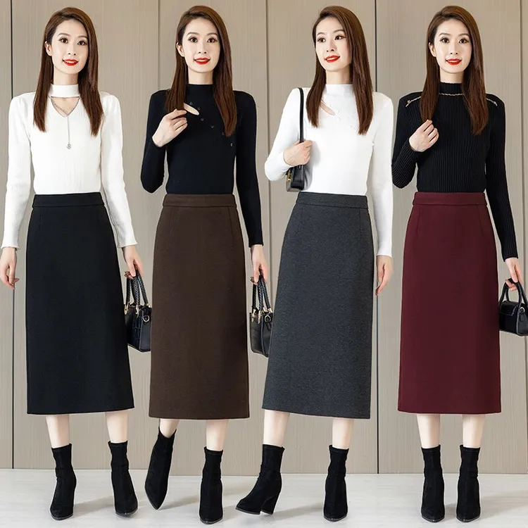 显瘦半身裙秋冬季女士开叉直筒裙黑色气质裙子时尚秋冬