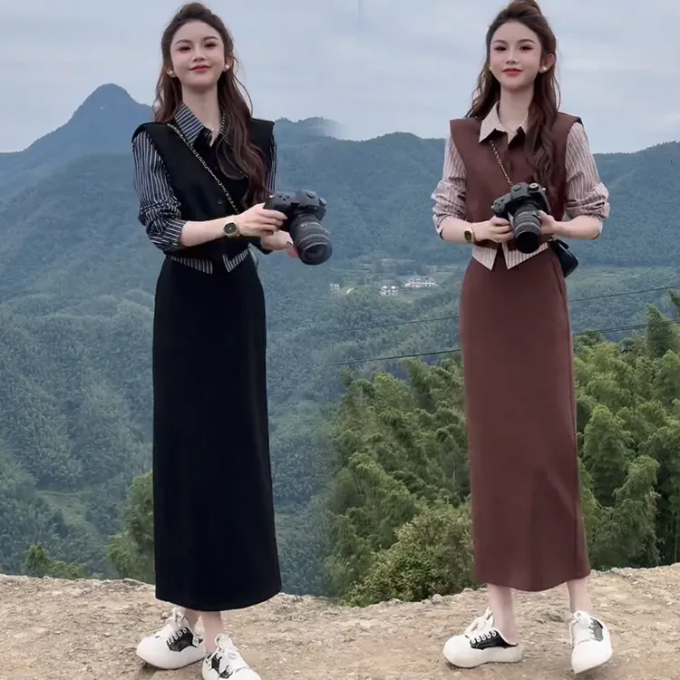 时尚套装裙女2025秋季新款洋气质显瘦假两件条纹衬衫半身裙两件套
