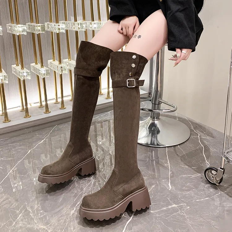 过膝长筒靴女2025秋冬新款厚底绒面弹力瘦瘦靴显瘦复古大码长靴
