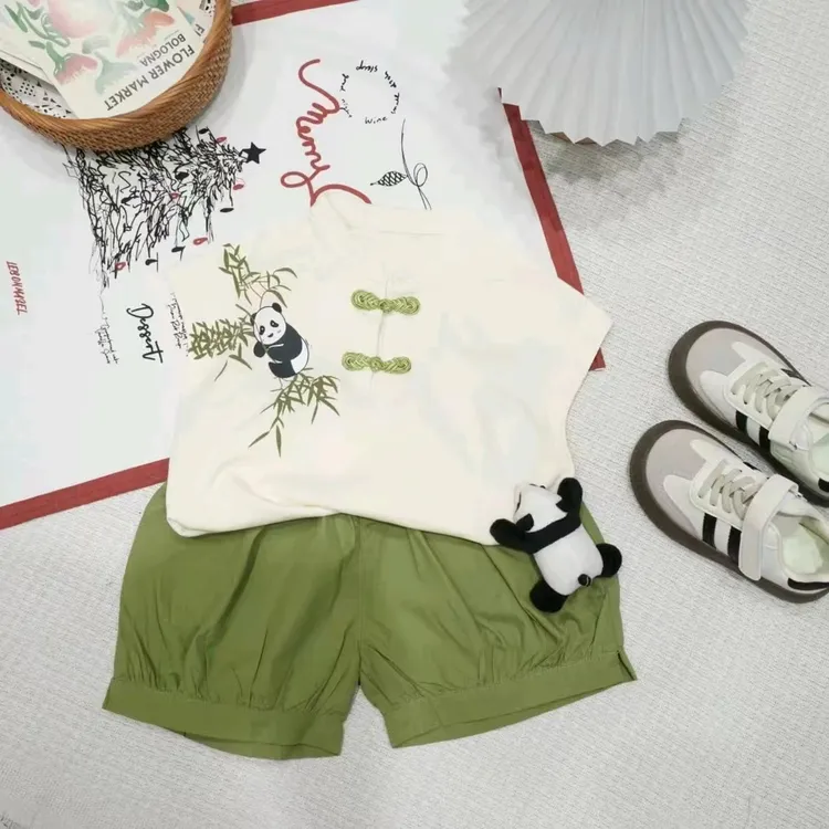 男童夏季汉服男宝宝中国风可爱小熊猫无袖上衣宽松灯笼短裤两件套