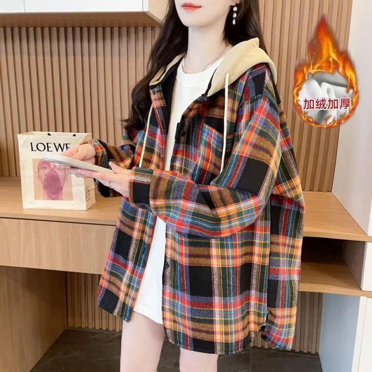 连帽格子衬衫女2025秋冬新款复古大码初中生宽松中长款开衫卫衣