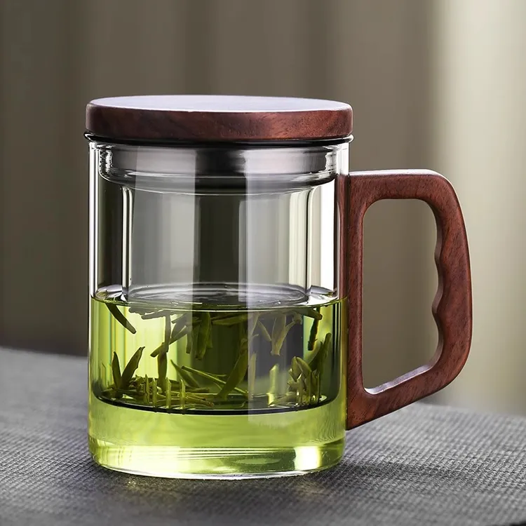 玻璃茶杯耐高温茶水分离家用泡茶杯过滤办公室喝水透明带盖杯木把