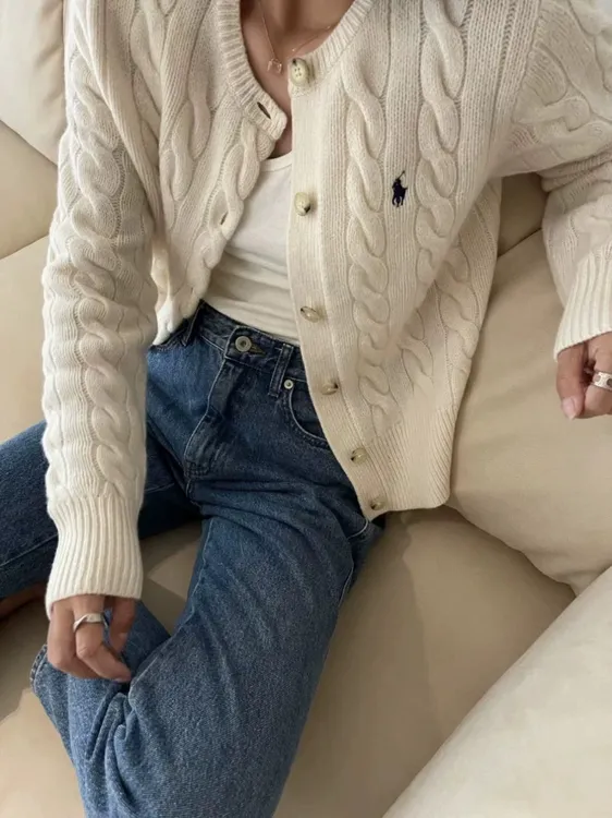 秋冬爆款温柔经典百搭流行复古小马刺绣韩系纯色宽松针织开衫