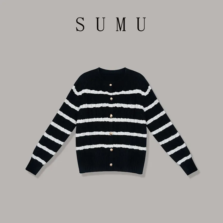 宿慕SUMU 女款针织衫 9-10秋季2024新款时尚百搭条纹针织衫C4501Y