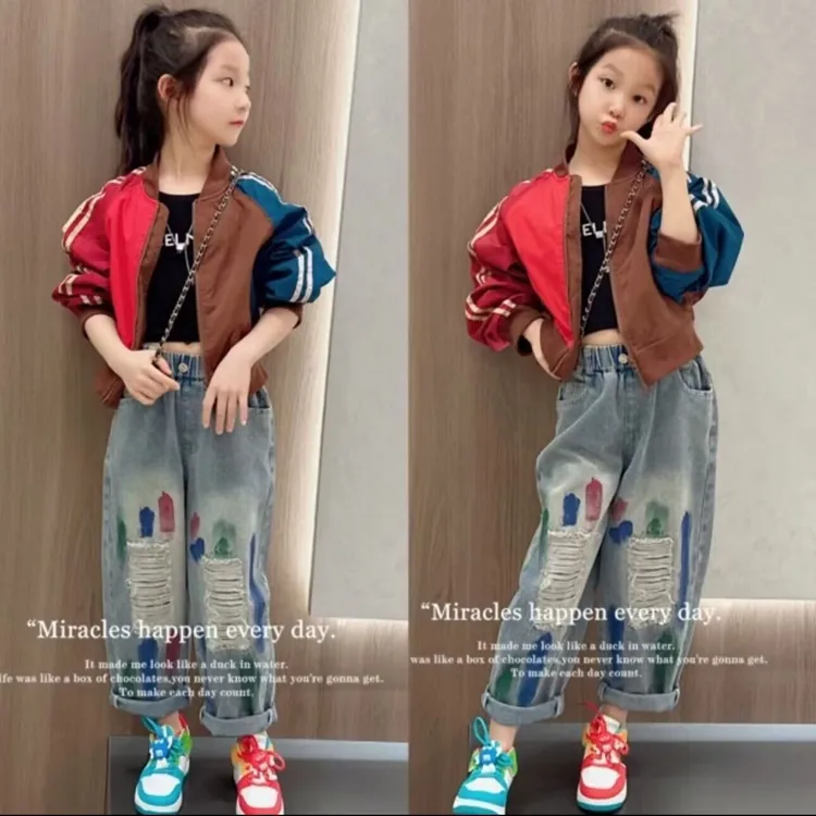 女童春秋款洋气外套2025新款中大童拼色棒球服网红牛仔裤两件套潮