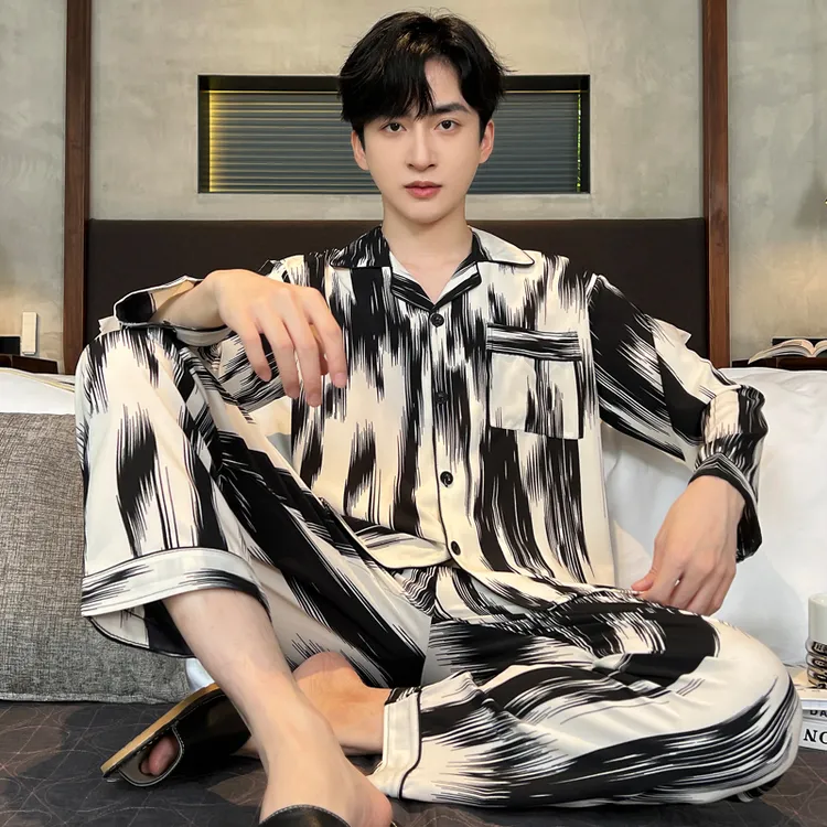 男士睡衣春秋款长袖冰丝夏季青少年男款夏天仿真丝家居服两件套装