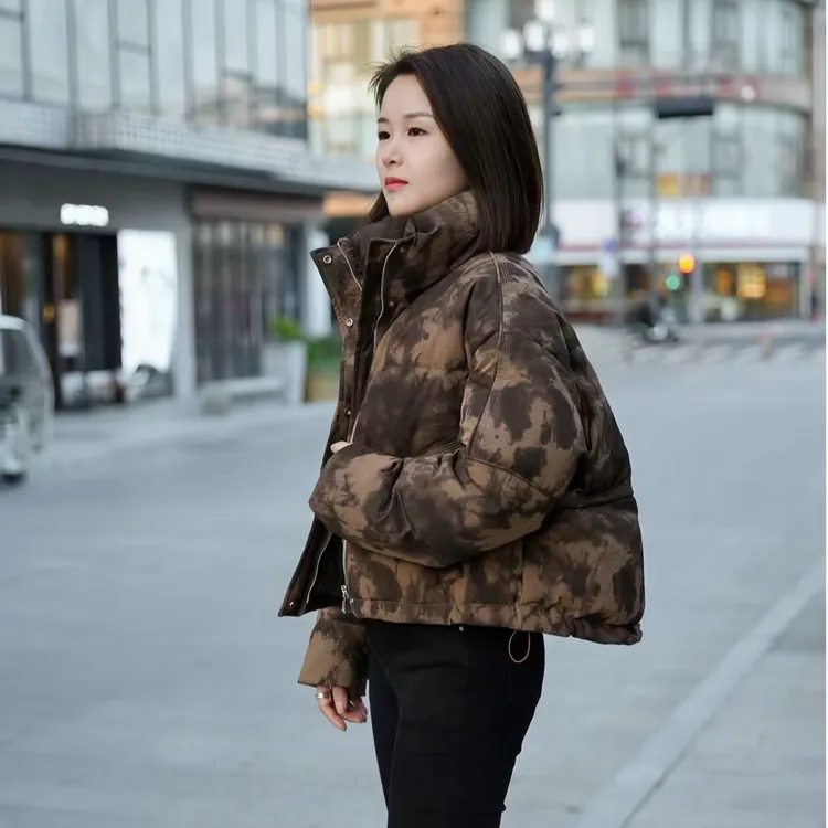 韩熙蓓2024新款小个子短款时髦洋气复古扎染立领羽绒服女冬季外套