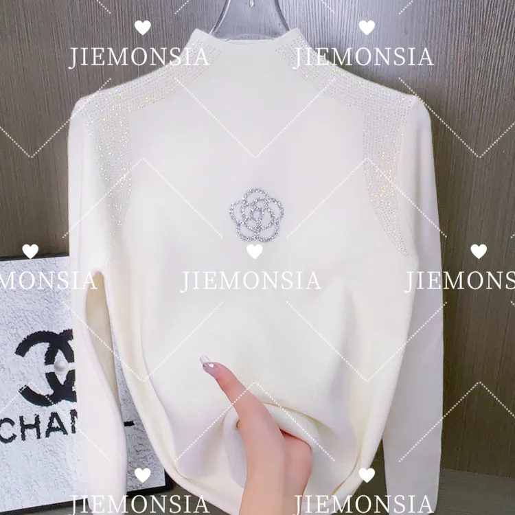 山茶花厚款绵羊毛打底衫高端气质高温烫钻长袖针织衫百搭上衣