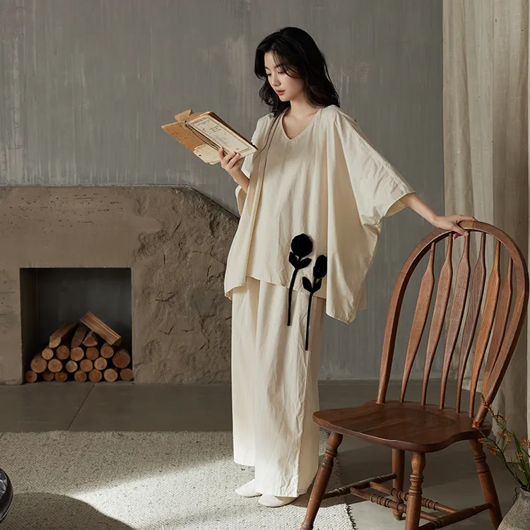 千年马夏季薄款纯棉睡衣女夏天梭织棉七分袖可外穿家居服宽松套装