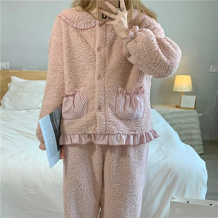 公主风甜美珊瑚绒长袖睡衣女冬季2025新款加绒加厚保暖家居服套装