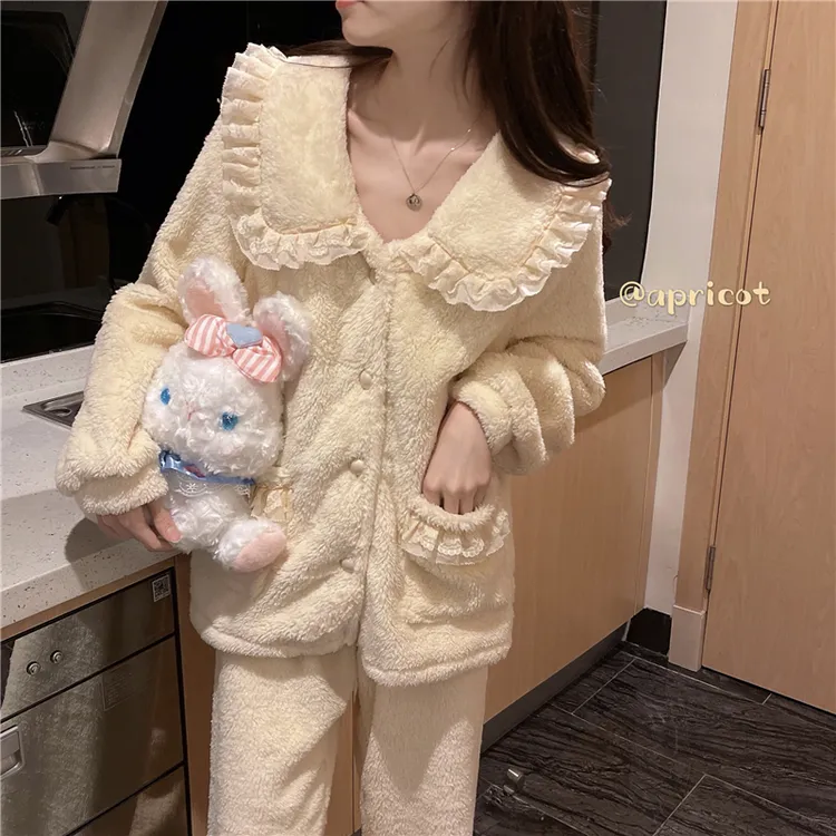 珊瑚绒开衫睡衣女冬季新款保暖加绒加厚宽松甜美公主风家居服套装