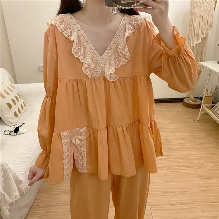 公主宫廷风蕾丝花边宽松透气睡衣女长袖长裤两件套家居服春秋外穿