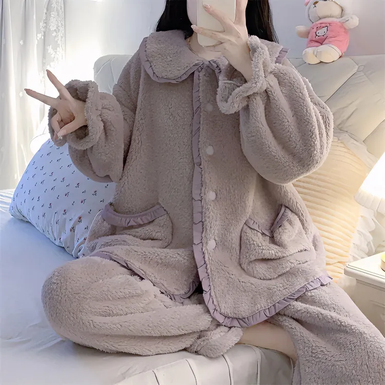 高级感紫色珊瑚绒冬款女士冬季可外穿家居服加绒加厚保暖两件套装