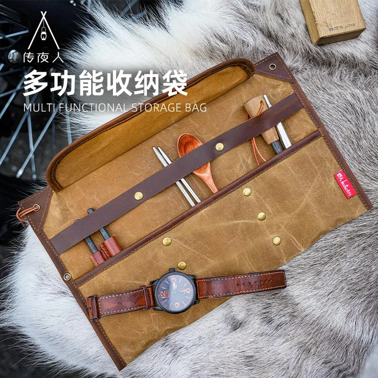 户外野营油蜡帆布牛皮工具袋油蜡布厨具便携收纳包多功能包卷