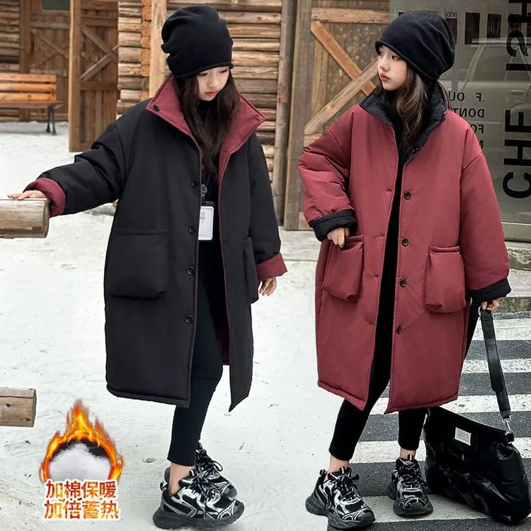 [麦哆哆」120-170女童中大童冬季韩版设计感两面穿加棉保暖棉服潮
