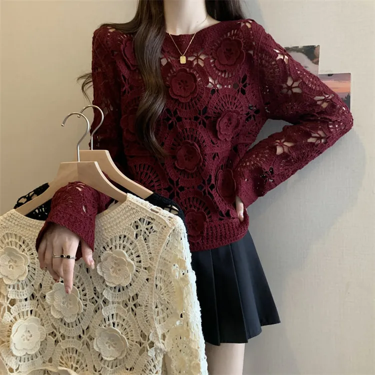 法式钩花镂空慵懒风针织罩衫秋冬网红ins风安可拉镂空上衣网红款